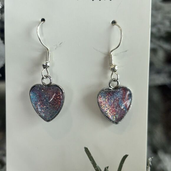 Handmade Acrylic Pour Dangle Heart Earrings Hypoallergenic Jewelry ARTISAN - Picture 4 of 5